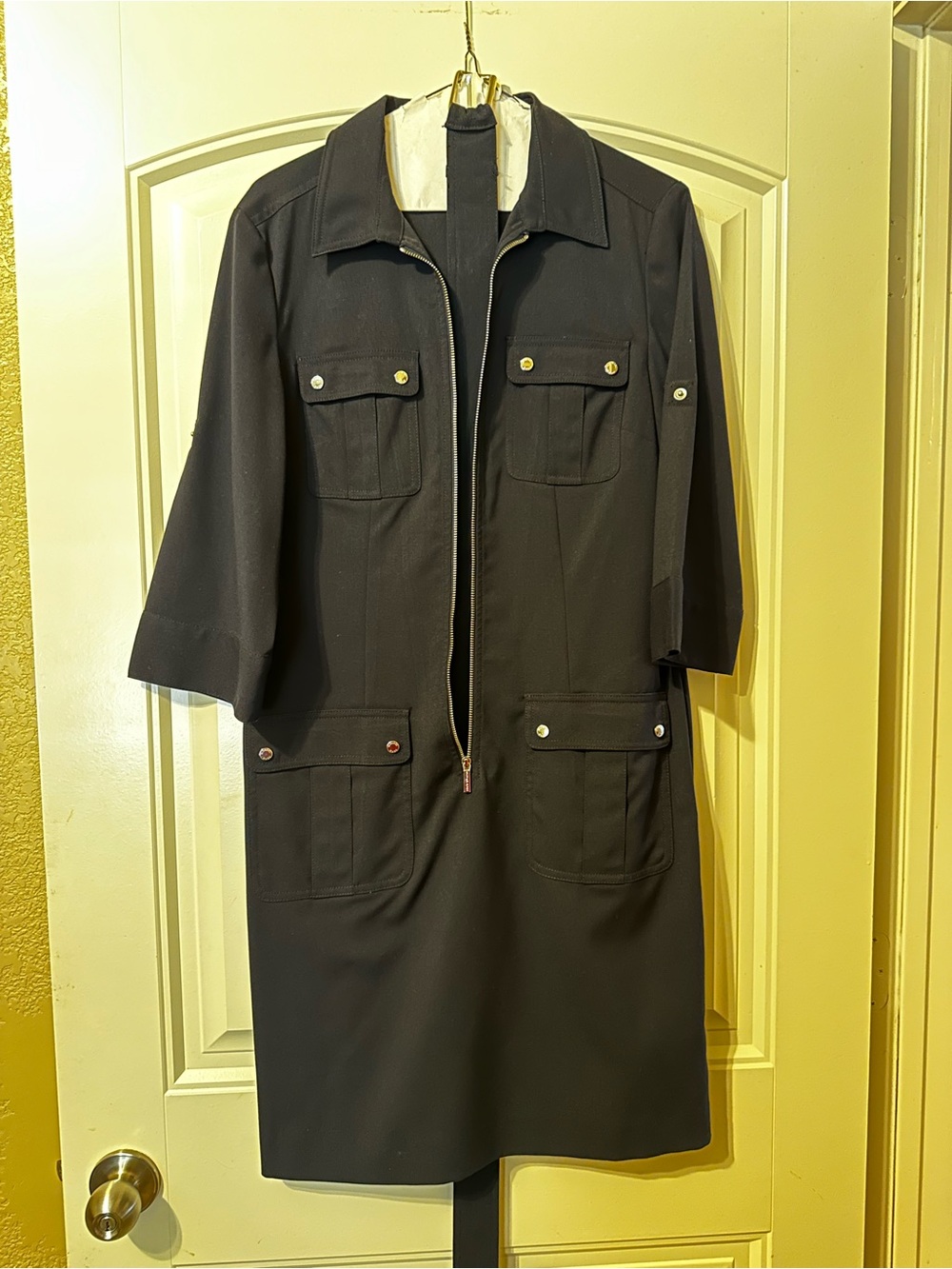 Michael Kors Black Midi Zip-Front Shirt Dress